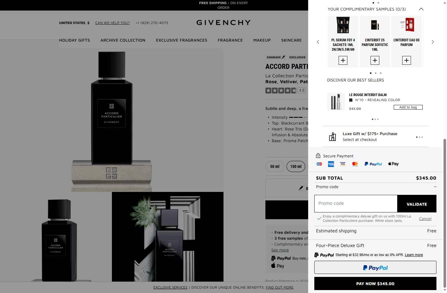 Givenchy Beauty checkout page showing Givenchy Beauty promo code box | Screenshot taken by SimplyCodes community member on Nov 30, 2025
