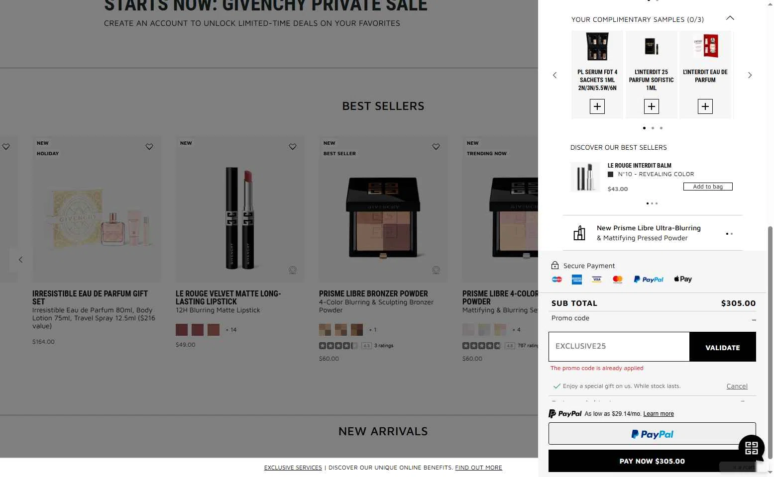 Givenchy Beauty checkout page showing Givenchy Beauty promo code box | Screenshot taken by SimplyCodes community member on Oct 21, 2025