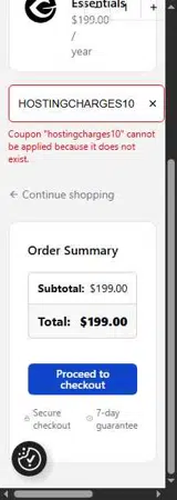 HOSTINGCHARGES10 coupon verification screenshot