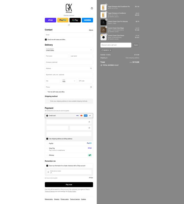 GKhair checkout page showing GKhair coupon code box | Screenshot taken by SimplyCodes community member on Sep 10, 2025
