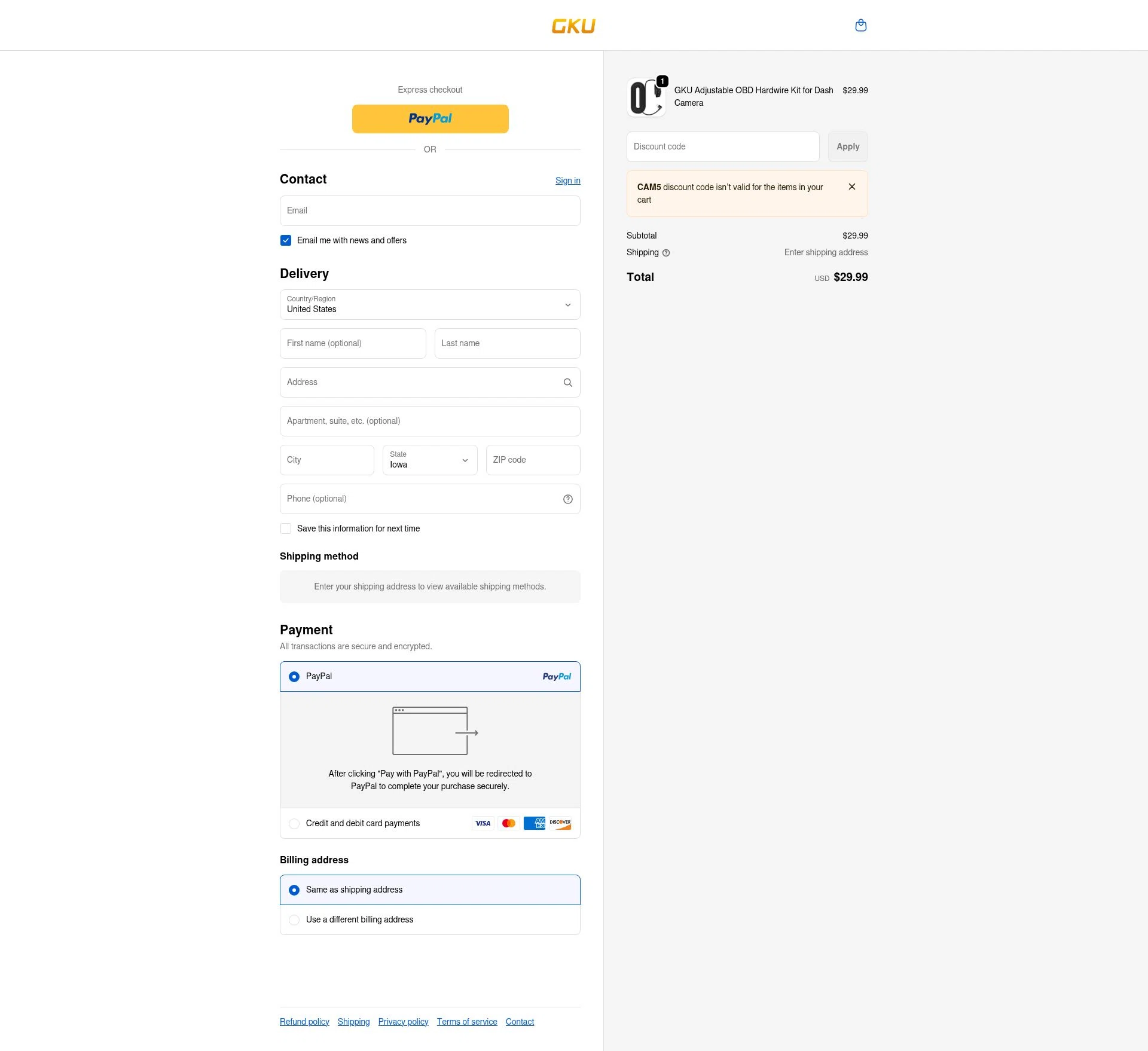 GKU Tech checkout page showing GKU Tech promo code box | Screenshot taken by SimplyCodes community member on Jan 5, 2026