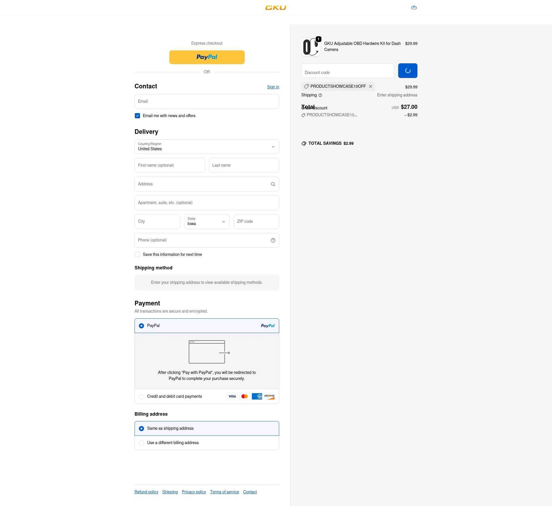 GKU Tech checkout page showing GKU Tech promo code box | Screenshot taken by SimplyCodes community member on Jan 5, 2026