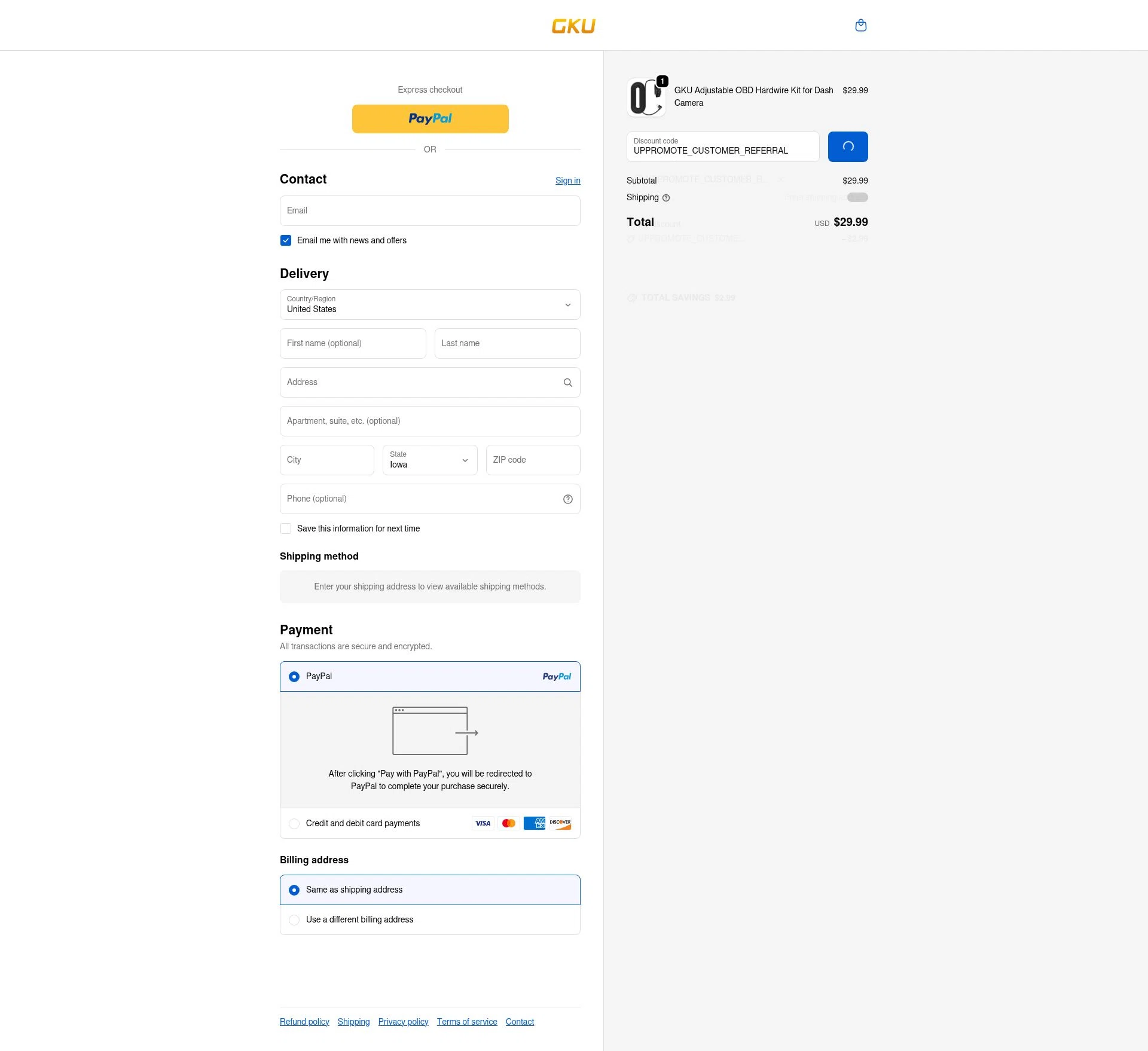 GKU Tech checkout page showing GKU Tech promo code box | Screenshot taken by SimplyCodes community member on Jan 5, 2026