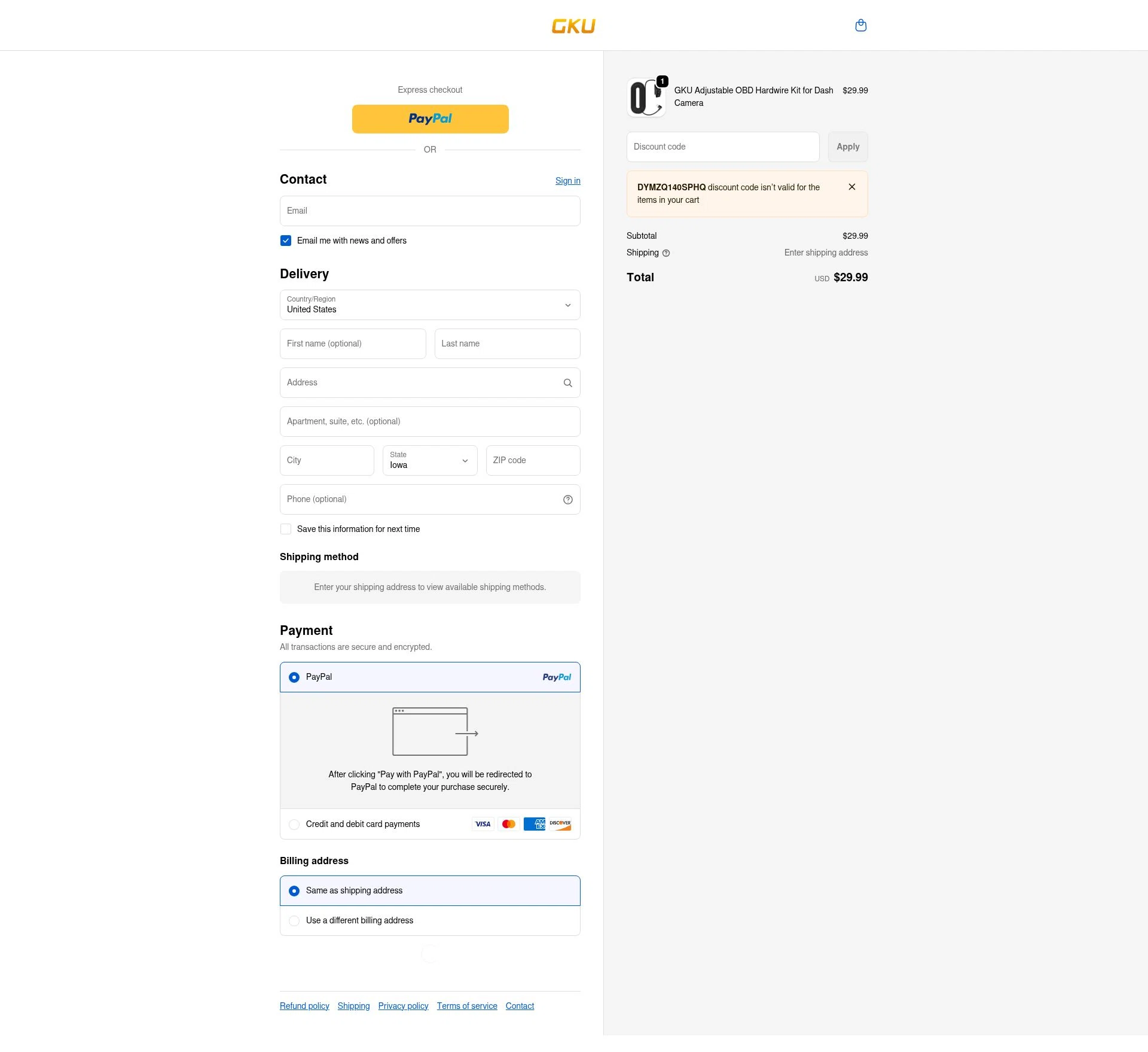 GKU Tech checkout page showing GKU Tech promo code box | Screenshot taken by SimplyCodes community member on Jan 5, 2026