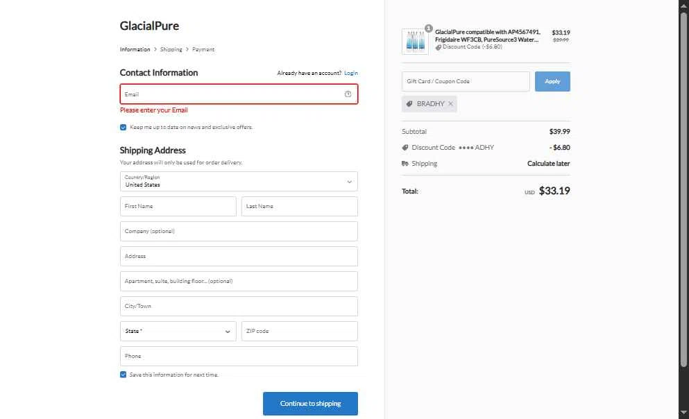 GlacialPure Filters checkout page showing GlacialPure Filters promo code box | Screenshot taken by SimplyCodes community member on Nov 30, 2025