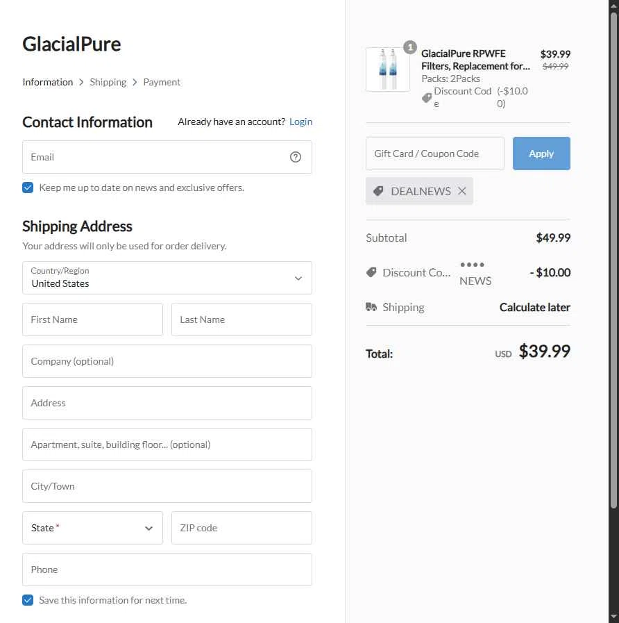 GlacialPure Filters checkout page showing GlacialPure Filters promo code box | Screenshot taken by SimplyCodes community member on Dec 16, 2025