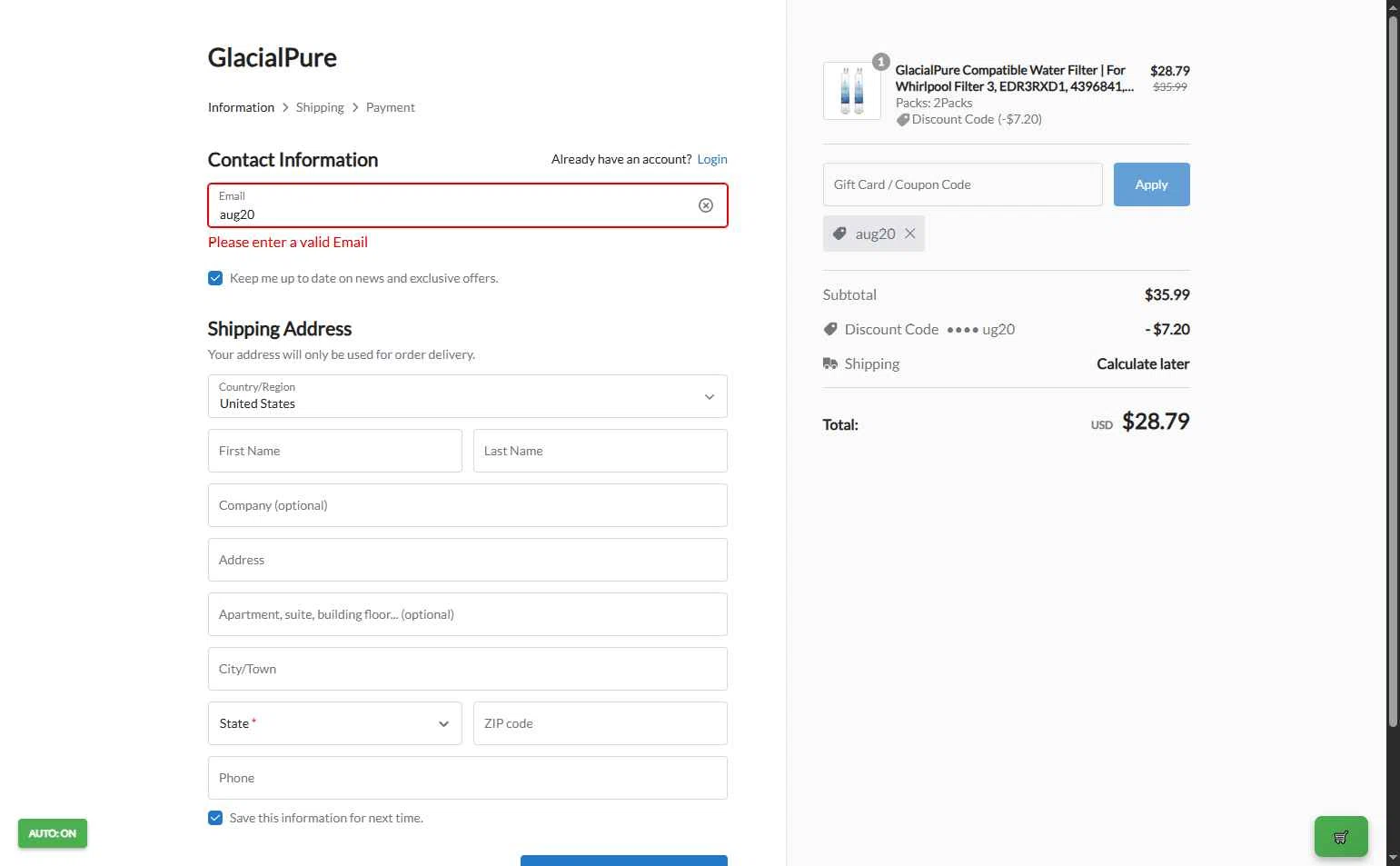 GlacialPure Filters checkout page showing GlacialPure Filters promo code box | Screenshot taken by SimplyCodes community member on Dec 15, 2025
