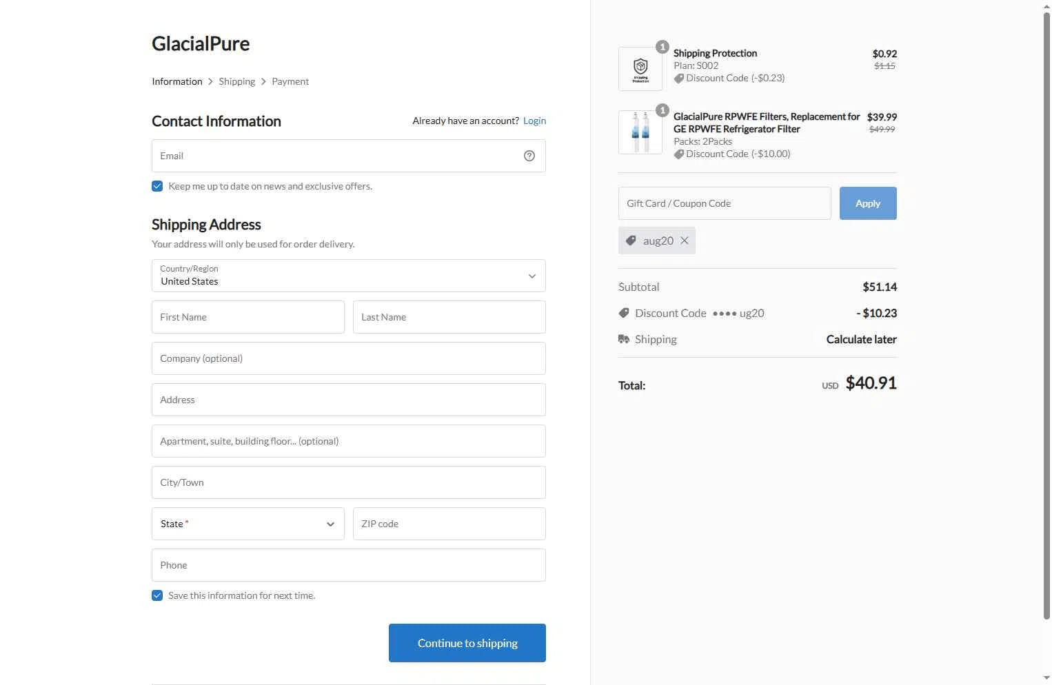 GlacialPure Filters checkout page showing GlacialPure Filters promo code box | Screenshot taken by SimplyCodes community member on Dec 15, 2025