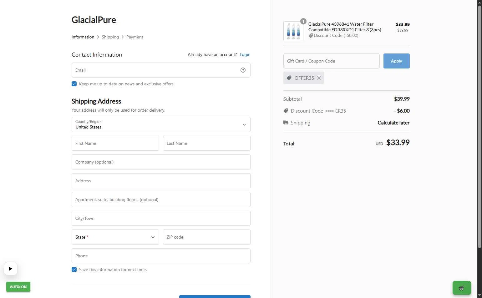 GlacialPure Filters checkout page showing GlacialPure Filters promo code box | Screenshot taken by SimplyCodes community member on Jan 8, 2026