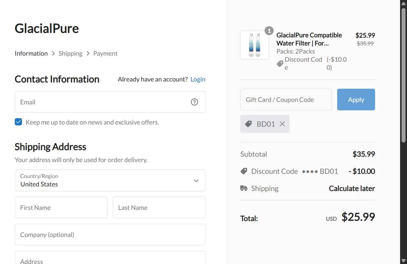 GlacialPure Filters checkout page showing GlacialPure Filters promo code box | Screenshot taken by SimplyCodes community member on Dec 16, 2025