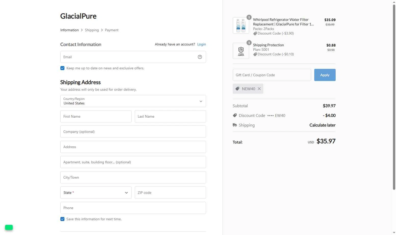 GlacialPure Filters checkout page showing GlacialPure Filters promo code box | Screenshot taken by SimplyCodes community member on Dec 27, 2025