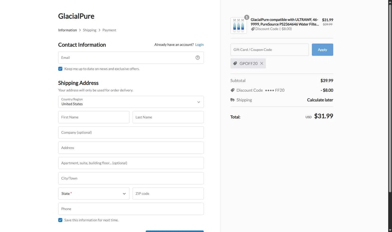 GlacialPure Filters checkout page showing GlacialPure Filters promo code box | Screenshot taken by SimplyCodes community member on Dec 2, 2025