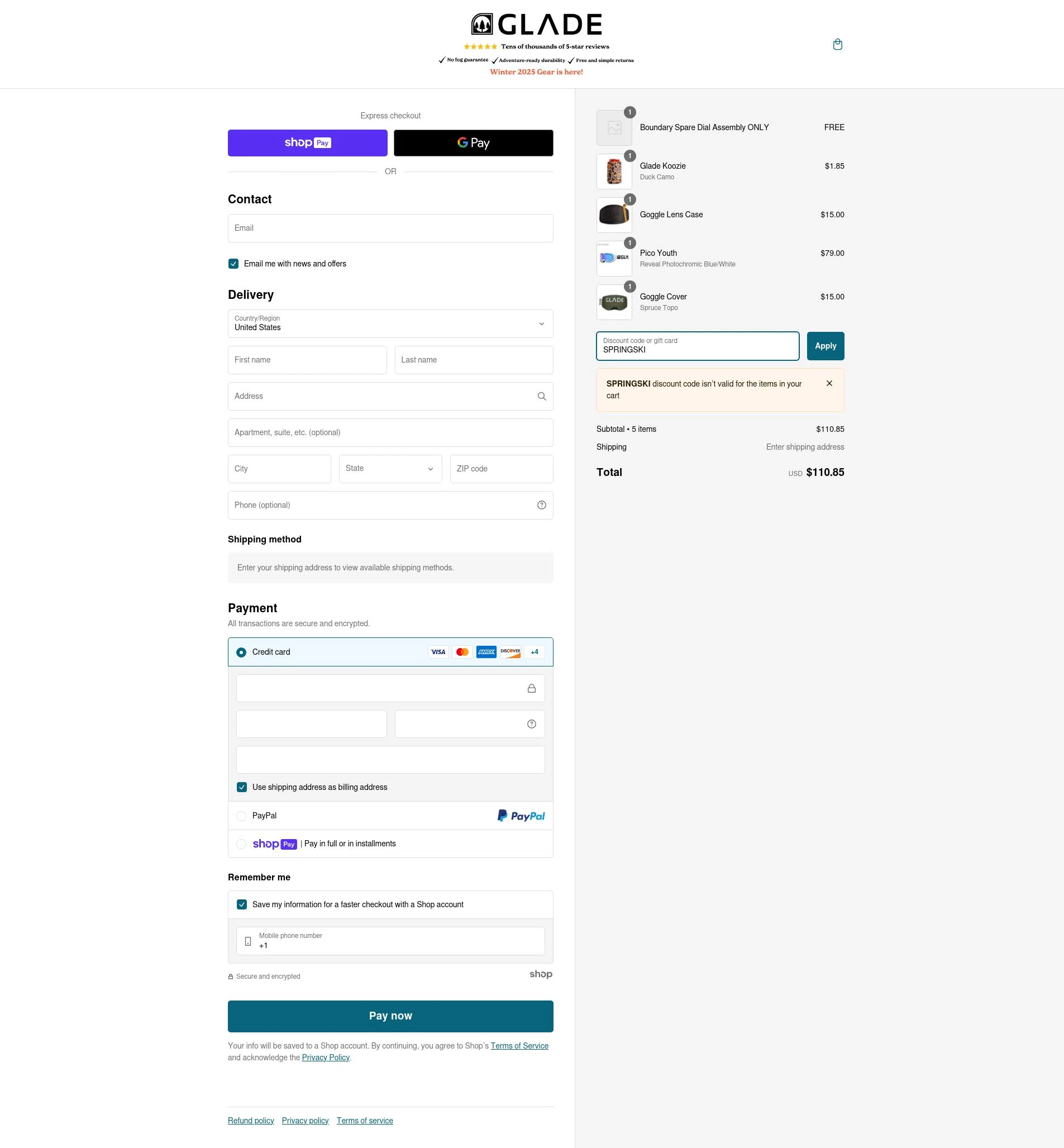 Glade Optics checkout page showing Glade Optics discount code box | Screenshot taken by SimplyCodes community member on Dec 30, 2024