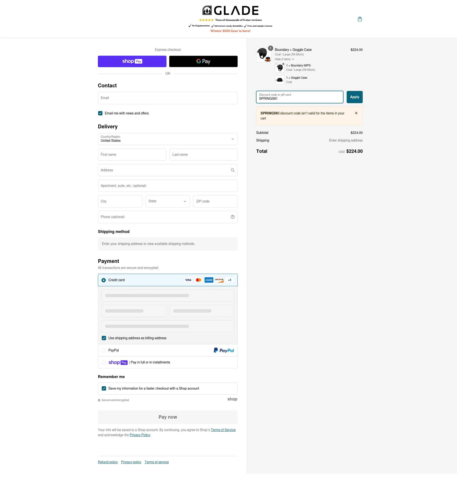 Glade Optics checkout page showing Glade Optics discount code box | Screenshot taken by SimplyCodes community member on Jan 14, 2025