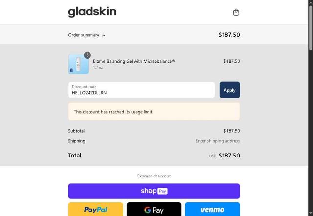 Gladskin checkout page showing Gladskin discount code box | Screenshot taken by SimplyCodes community member on Aug 15, 2025