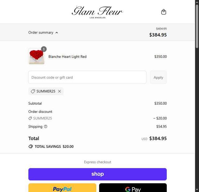 Glam Fleur checkout page showing Glam Fleur promo code box | Screenshot taken by SimplyCodes community member on Sep 13, 2025