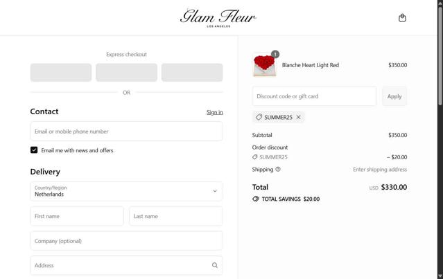 Glam Fleur checkout page showing Glam Fleur promo code box | Screenshot taken by SimplyCodes community member on Sep 12, 2025