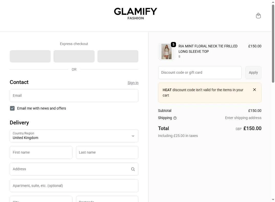 Glamify Fashion checkout page showing Glamify Fashion discount code box | Screenshot taken by SimplyCodes community member on Feb 7, 2026