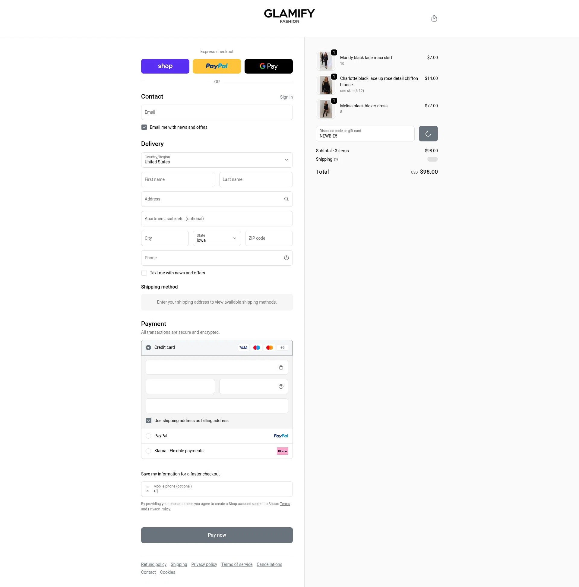 Glamify Fashion checkout page showing Glamify Fashion discount code box | Screenshot taken by SimplyCodes community member on Feb 11, 2026