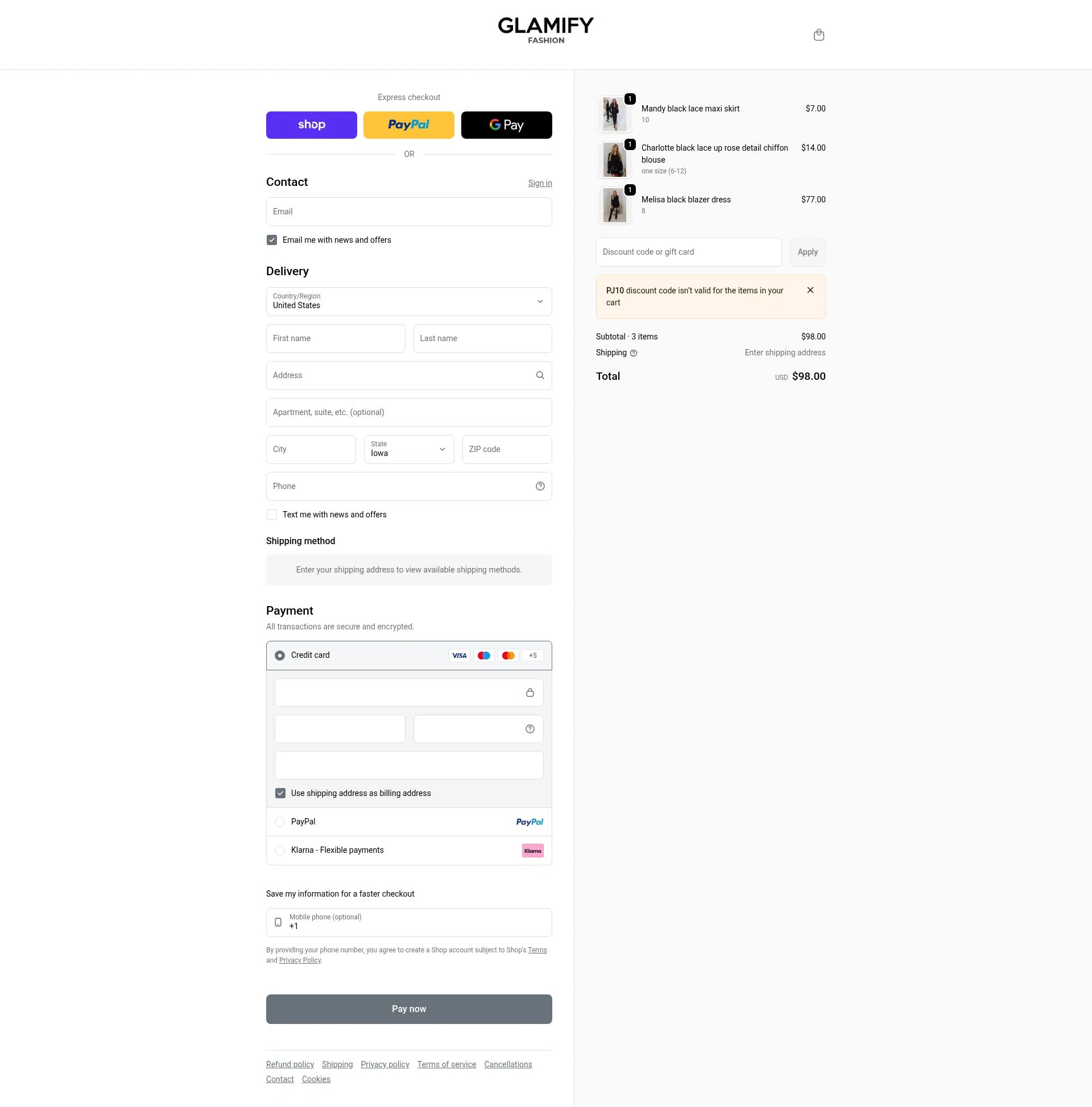 Glamify Fashion checkout page showing Glamify Fashion discount code box | Screenshot taken by SimplyCodes community member on Feb 11, 2026