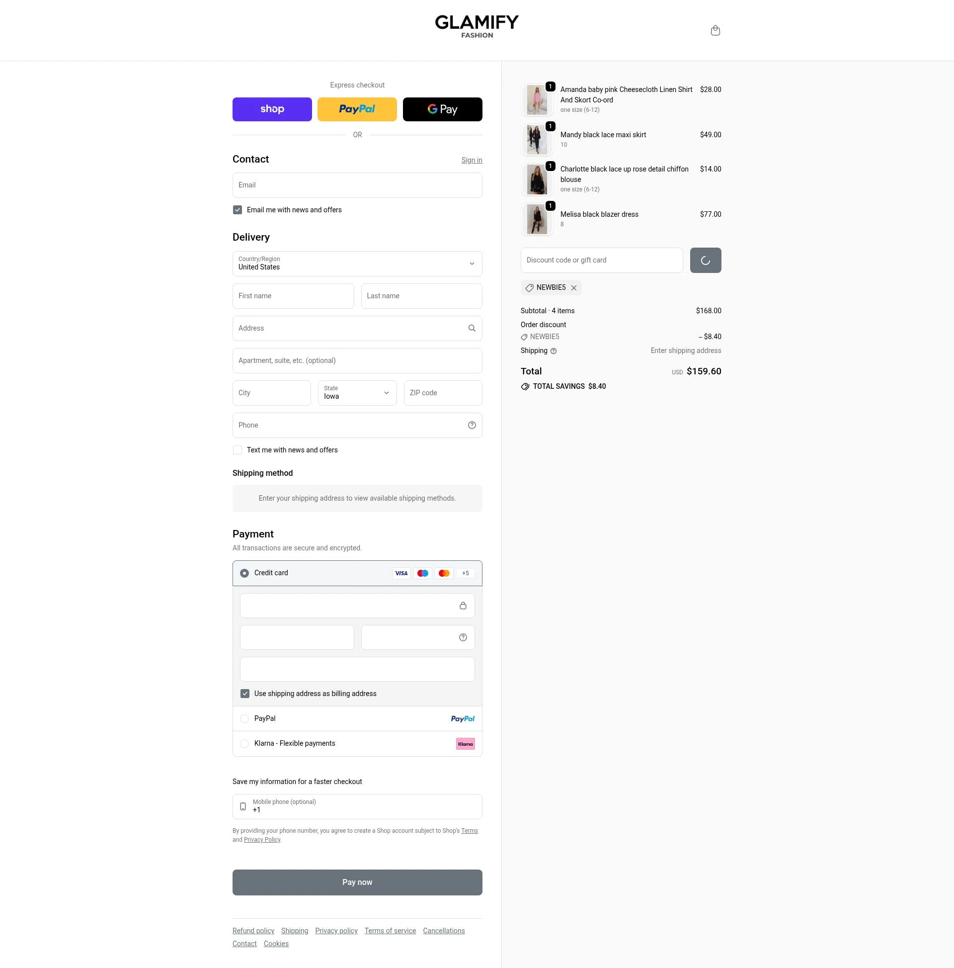 Glamify Fashion checkout page showing Glamify Fashion discount code box | Screenshot taken by SimplyCodes community member on Feb 6, 2026