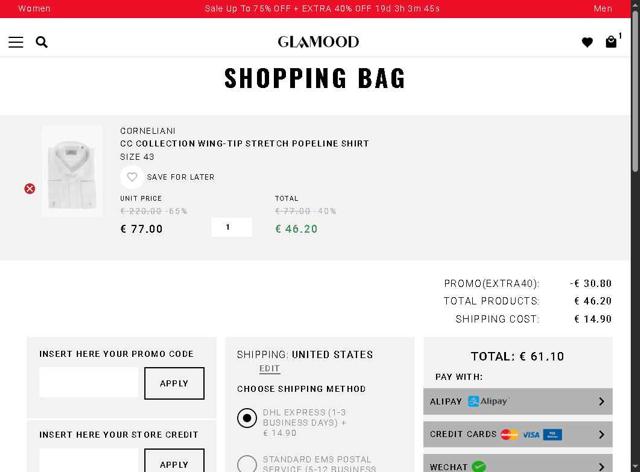 Glamood checkout page showing Glamood promo code box | Screenshot taken by SimplyCodes community member on Sep 6, 2025