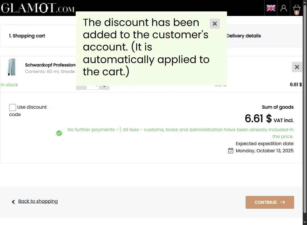 Glamot checkout page showing Glamot discount code box | Screenshot taken by SimplyCodes community member on Oct 10, 2025