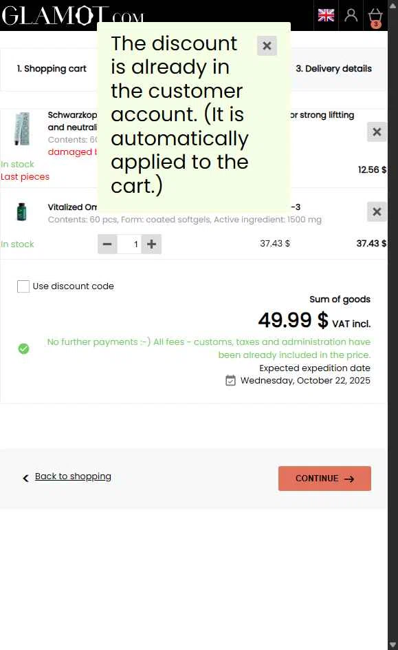 Glamot checkout page showing Glamot discount code box | Screenshot taken by SimplyCodes community member on Oct 21, 2025