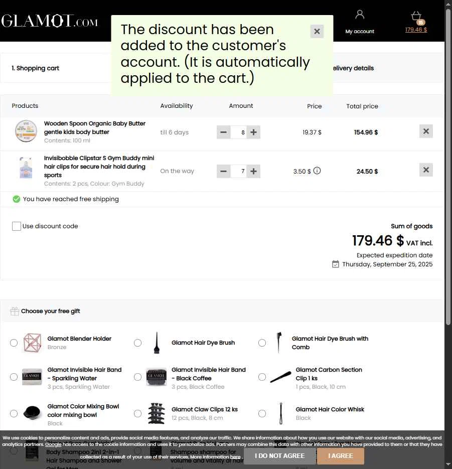 Glamot checkout page showing Glamot discount code box | Screenshot taken by SimplyCodes community member on Sep 12, 2025