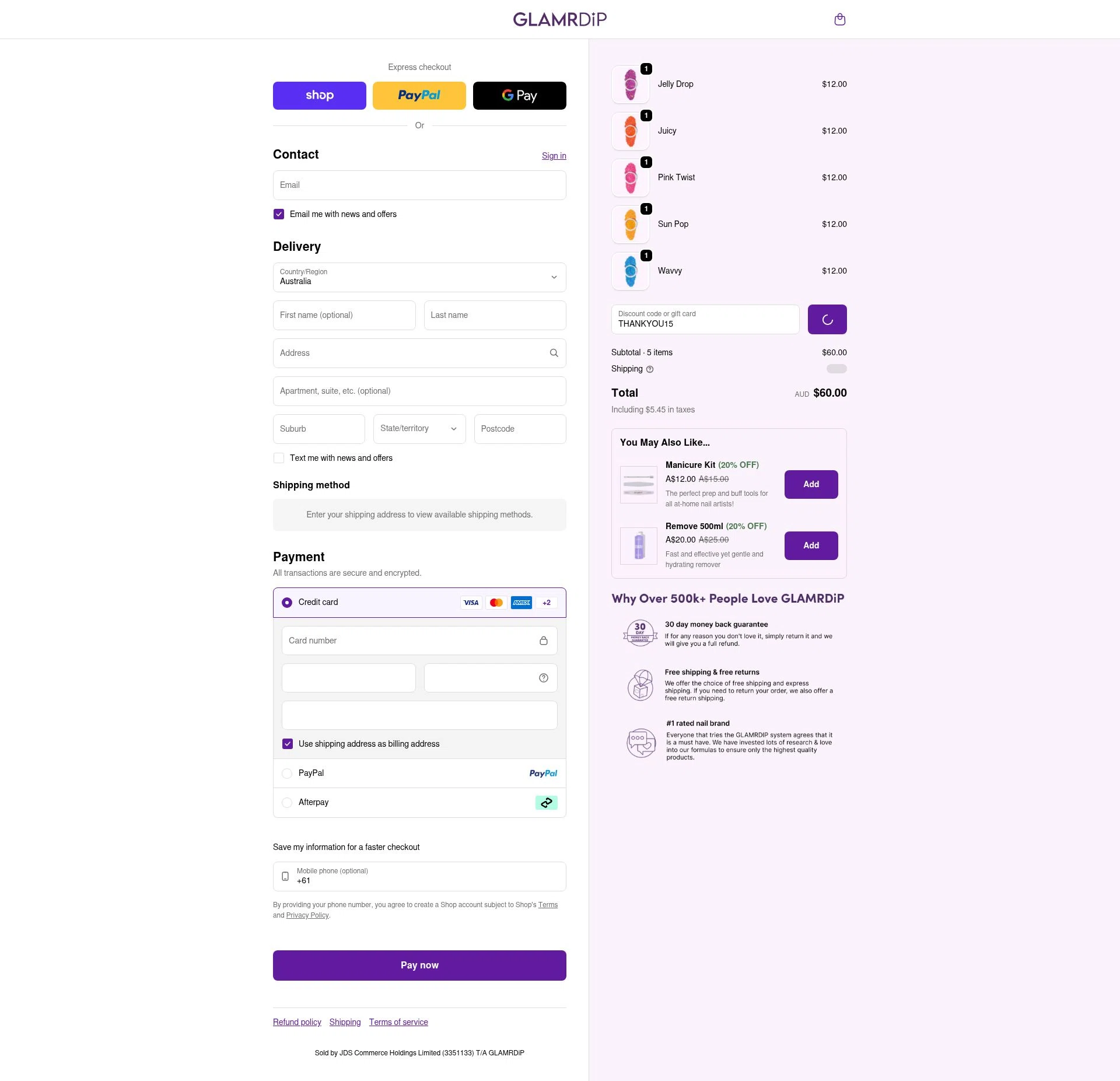 Glamrdip checkout page showing Glamrdip discount code box | Screenshot taken by SimplyCodes community member on Feb 7, 2026