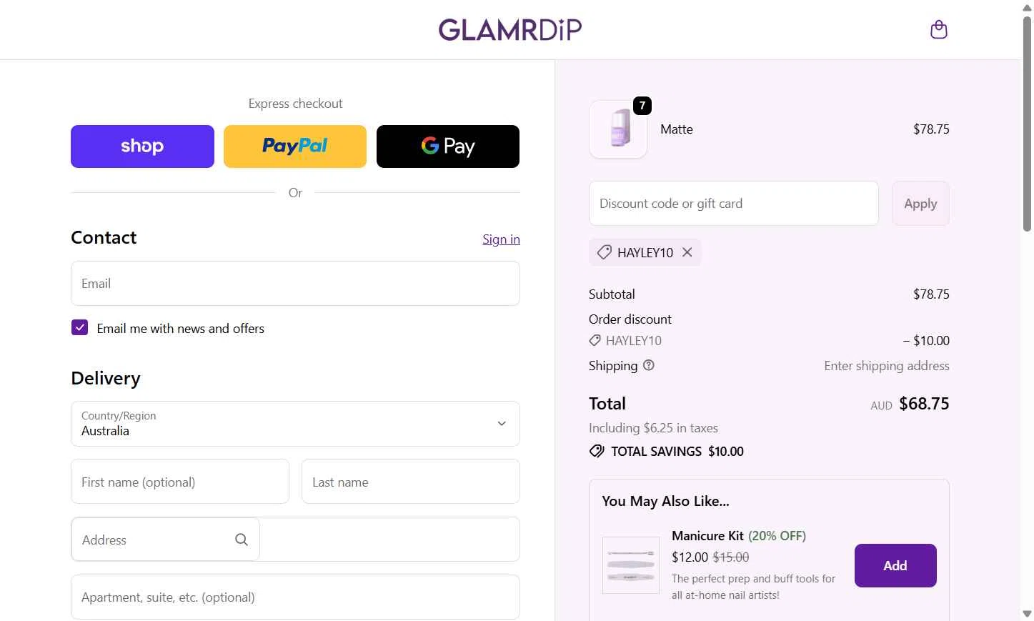 Glamrdip checkout page showing Glamrdip discount code box | Screenshot taken by SimplyCodes community member on Feb 9, 2026