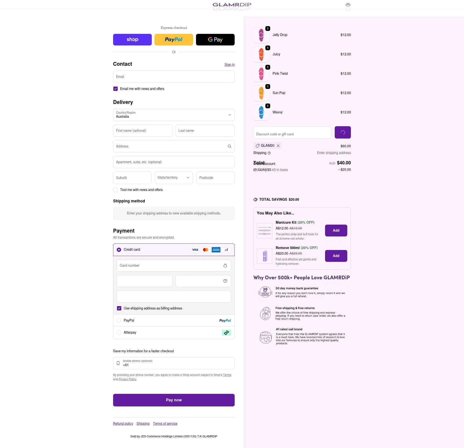 Glamrdip checkout page showing Glamrdip discount code box | Screenshot taken by SimplyCodes community member on Feb 7, 2026