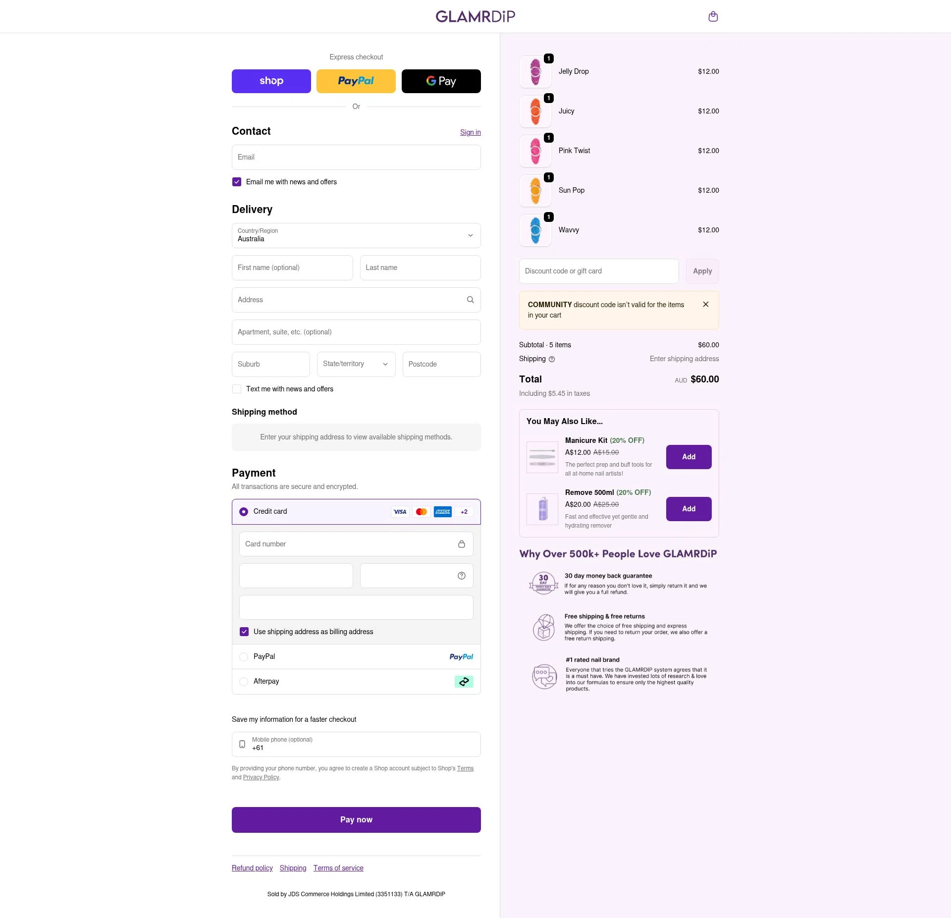 Glamrdip checkout page showing Glamrdip discount code box | Screenshot taken by SimplyCodes community member on Feb 7, 2026