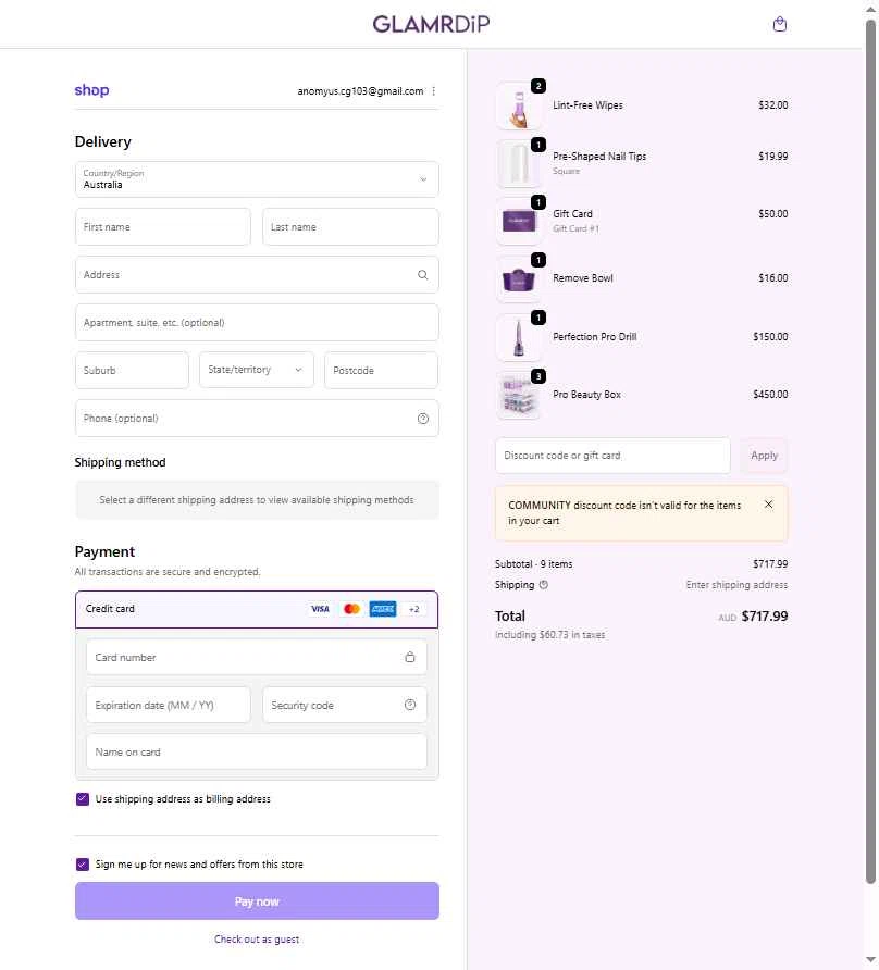 Glamrdip checkout page showing Glamrdip discount code box | Screenshot taken by SimplyCodes community member on Feb 7, 2026
