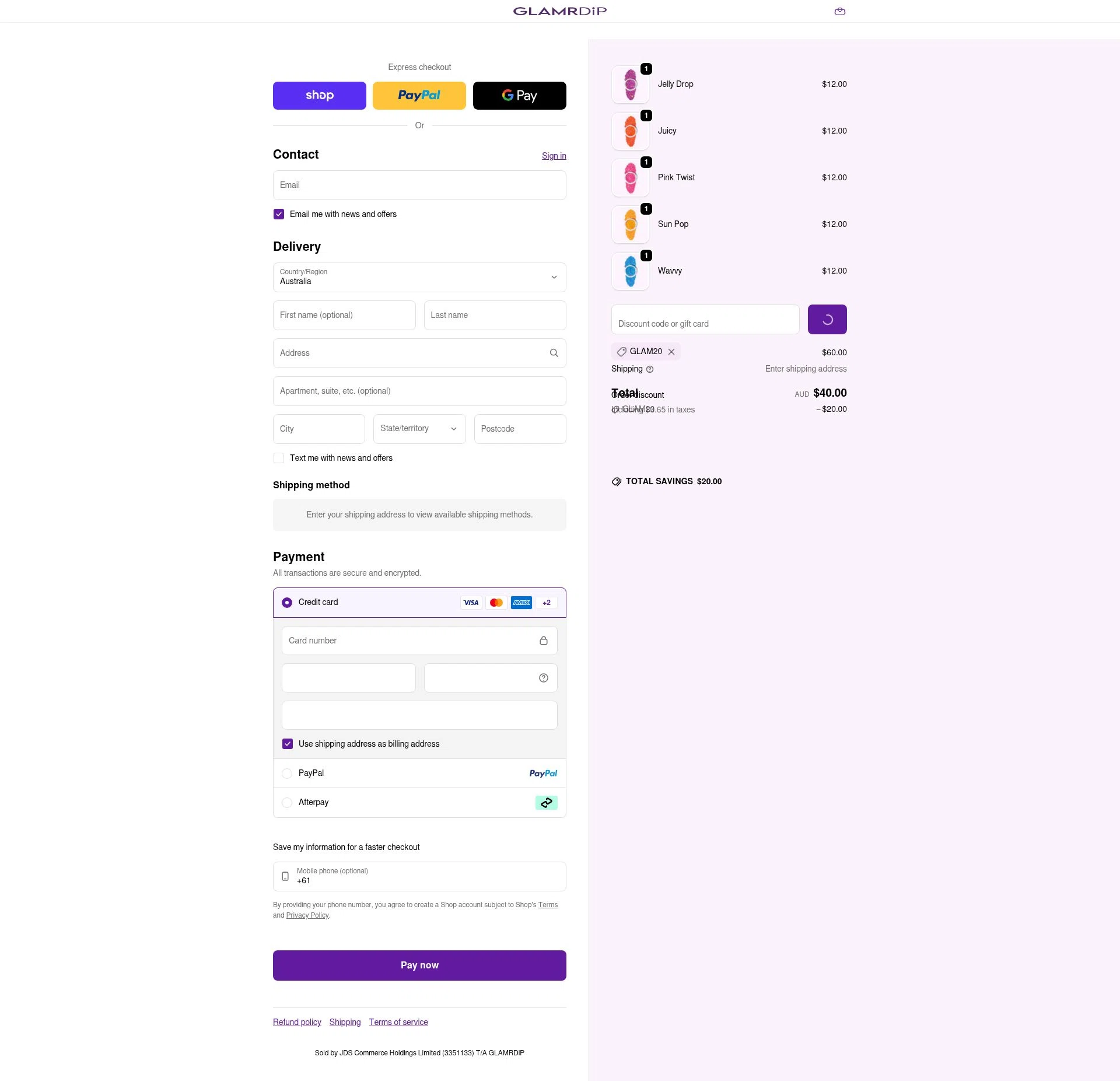 Glamrdip checkout page showing Glamrdip discount code box | Screenshot taken by SimplyCodes community member on Feb 3, 2026