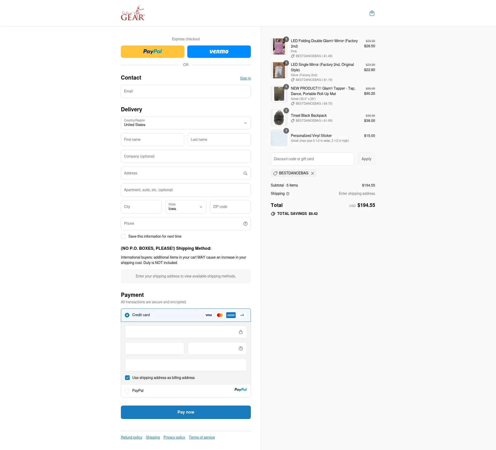 Glamr Gear checkout page showing Glamr Gear promo code box | Screenshot taken by SimplyCodes community member on Sep 13, 2025