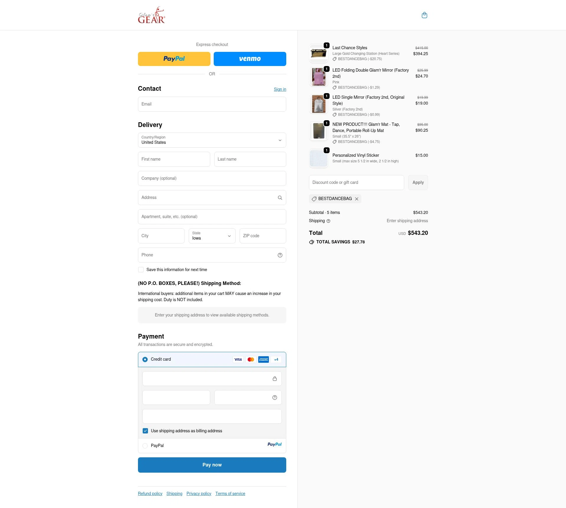 Glamr Gear checkout page showing Glamr Gear promo code box | Screenshot taken by SimplyCodes community member on Oct 15, 2025