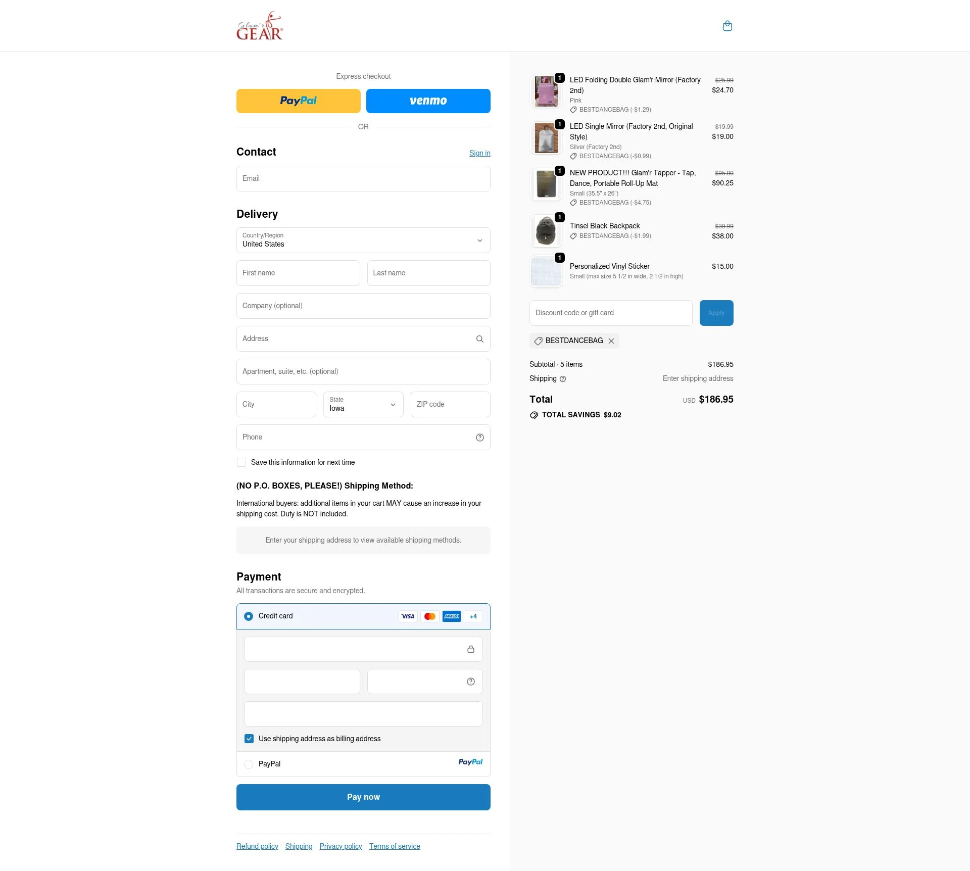 Glamr Gear checkout page showing Glamr Gear promo code box | Screenshot taken by SimplyCodes community member on Oct 4, 2025