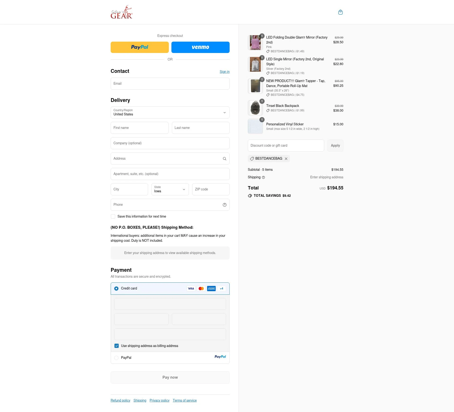 Glamr Gear checkout page showing Glamr Gear promo code box | Screenshot taken by SimplyCodes community member on Sep 17, 2025