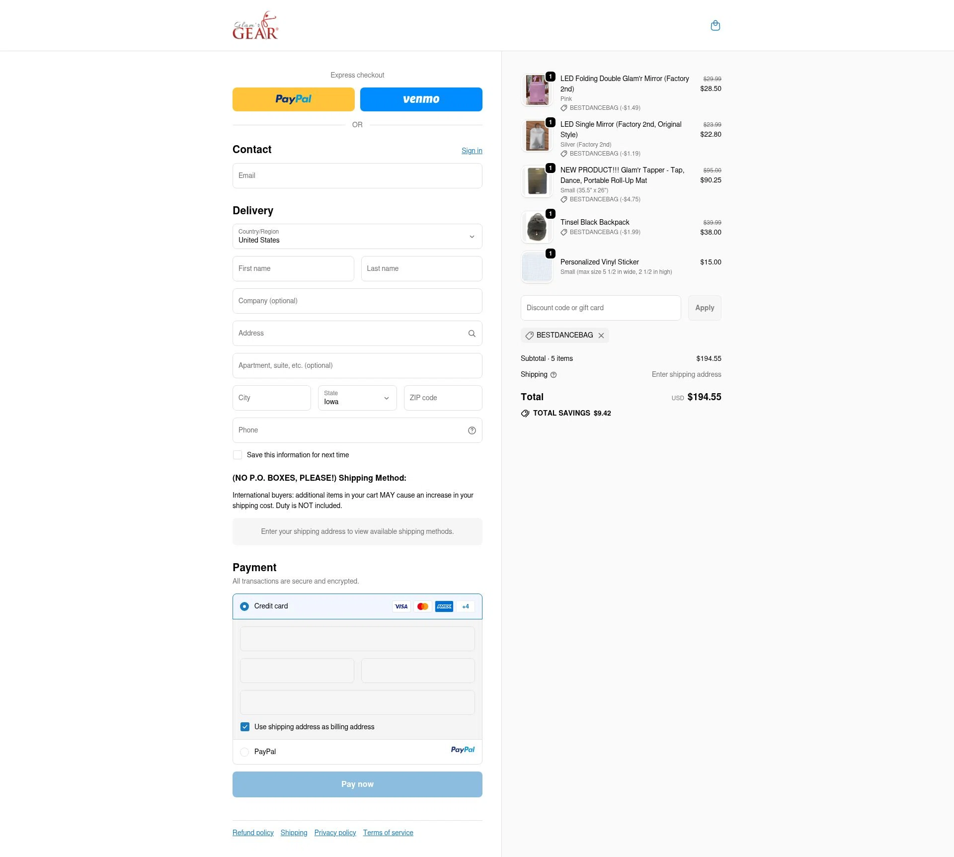 Glamr Gear checkout page showing Glamr Gear promo code box | Screenshot taken by SimplyCodes community member on Sep 21, 2025