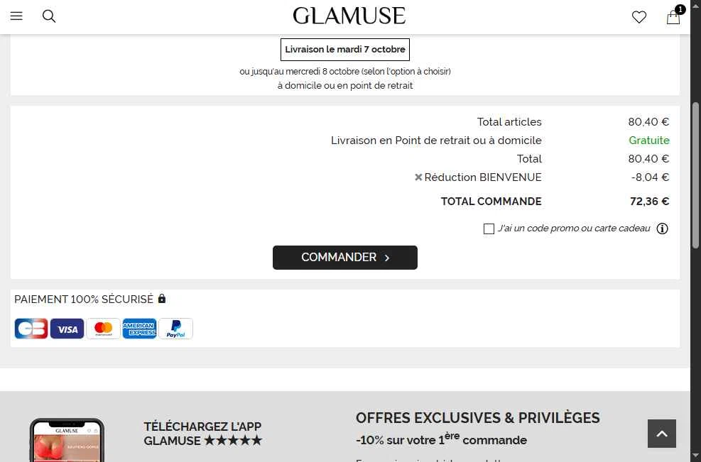 Glamuse checkout page showing Glamuse promo code box | Screenshot taken by SimplyCodes community member on Oct 5, 2025