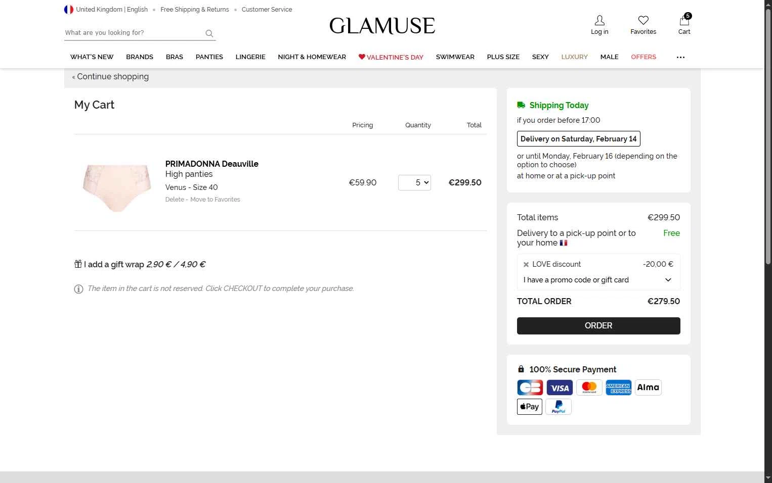Glamuse checkout page showing Glamuse promo code box | Screenshot taken by SimplyCodes community member on Feb 13, 2026