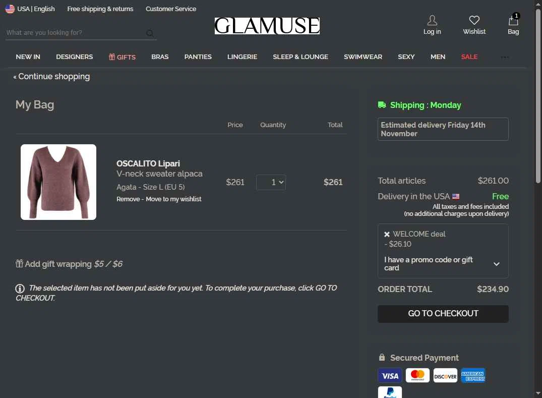 Glamuse checkout page showing Glamuse promo code box | Screenshot taken by SimplyCodes community member on Nov 8, 2025