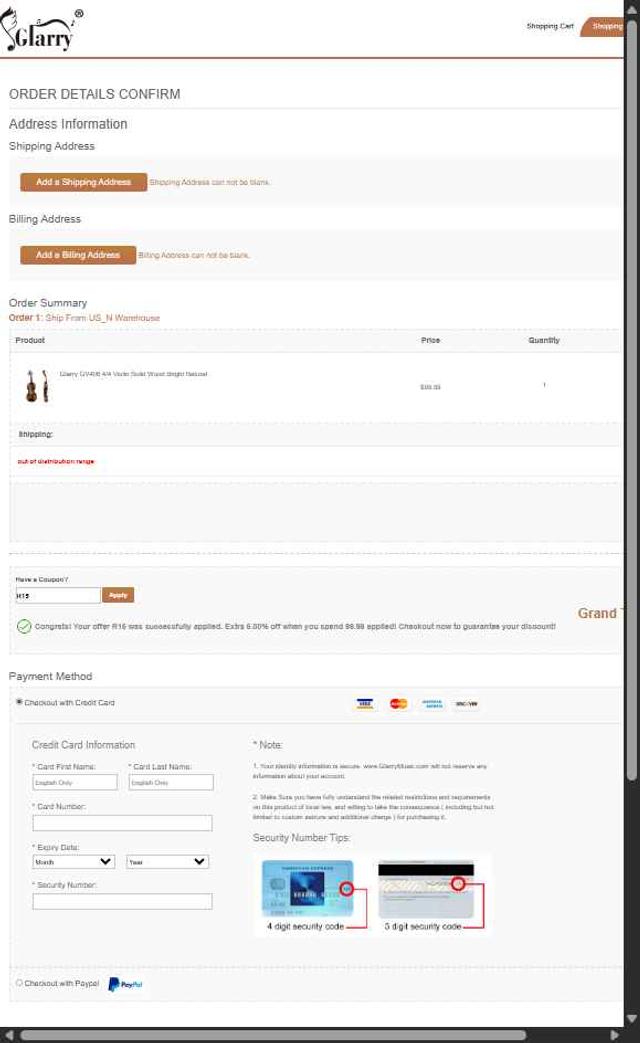 Glarry checkout page showing Glarry coupon code box | Screenshot taken by SimplyCodes community member on Jul 9, 2025