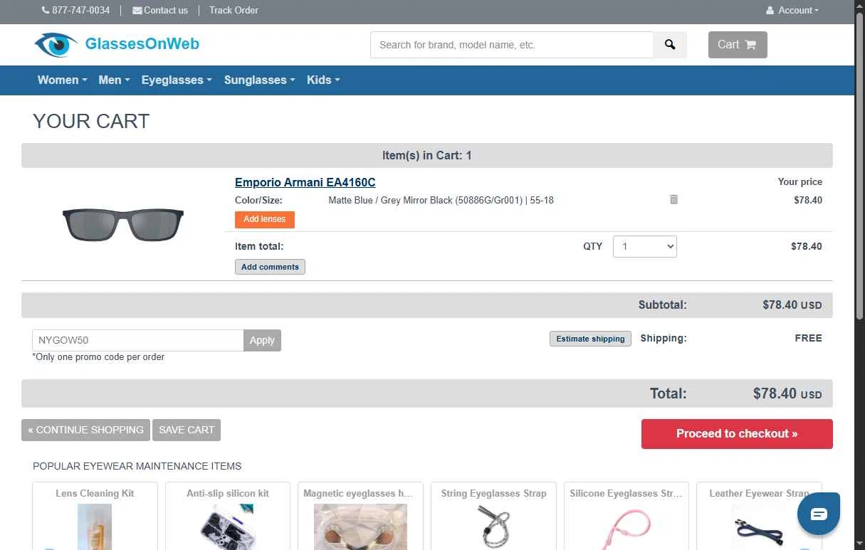 Glasses On Web checkout page showing Glasses On Web promo code box | Screenshot taken by SimplyCodes community member on Aug 19, 2025
