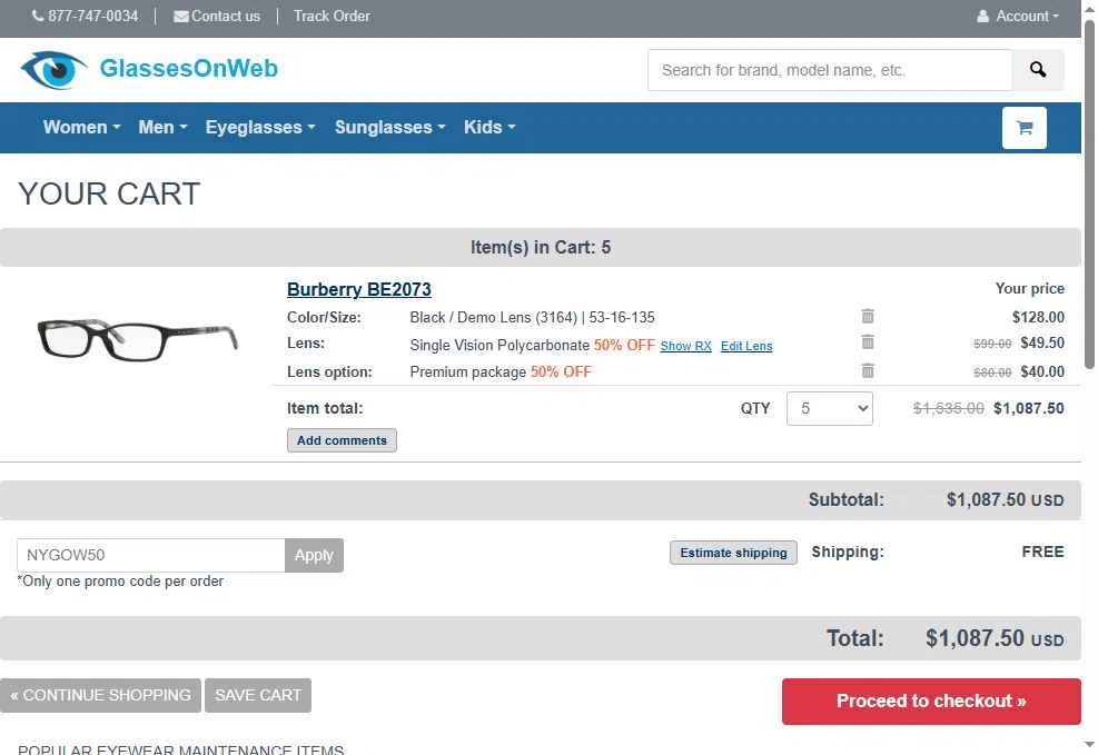 Glasses On Web checkout page showing Glasses On Web promo code box | Screenshot taken by SimplyCodes community member on Apr 30, 2025