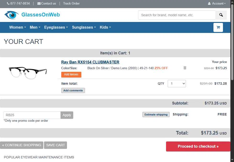 Glasses On Web checkout page showing Glasses On Web promo code box | Screenshot taken by SimplyCodes community member on Jan 28, 2026