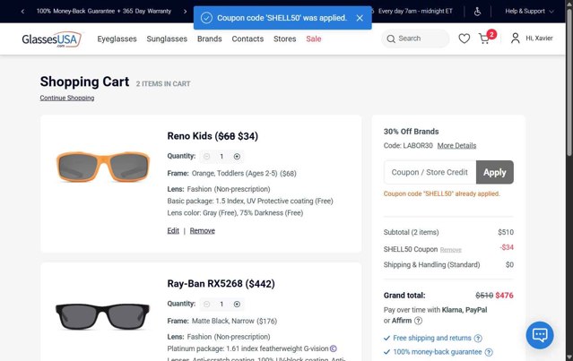 GlassesUSA checkout page showing GlassesUSA promo code box | Screenshot taken by SimplyCodes community member on Aug 26, 2025