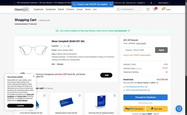 GlassesUSA checkout page showing GlassesUSA promo code box | Screenshot taken by SimplyCodes community member on Aug 29, 2025