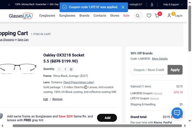 GlassesUSA checkout page showing GlassesUSA promo code box | Screenshot taken by SimplyCodes community member on Aug 29, 2025